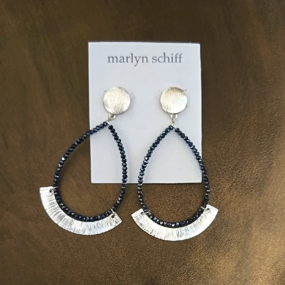 Marlyn Schiff Silver and Black Bead Crescent Earrings